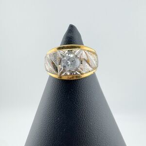 Vintage Solitaire CZ Gold Plated Ring Mixed Metals Chunky Retro Unisex